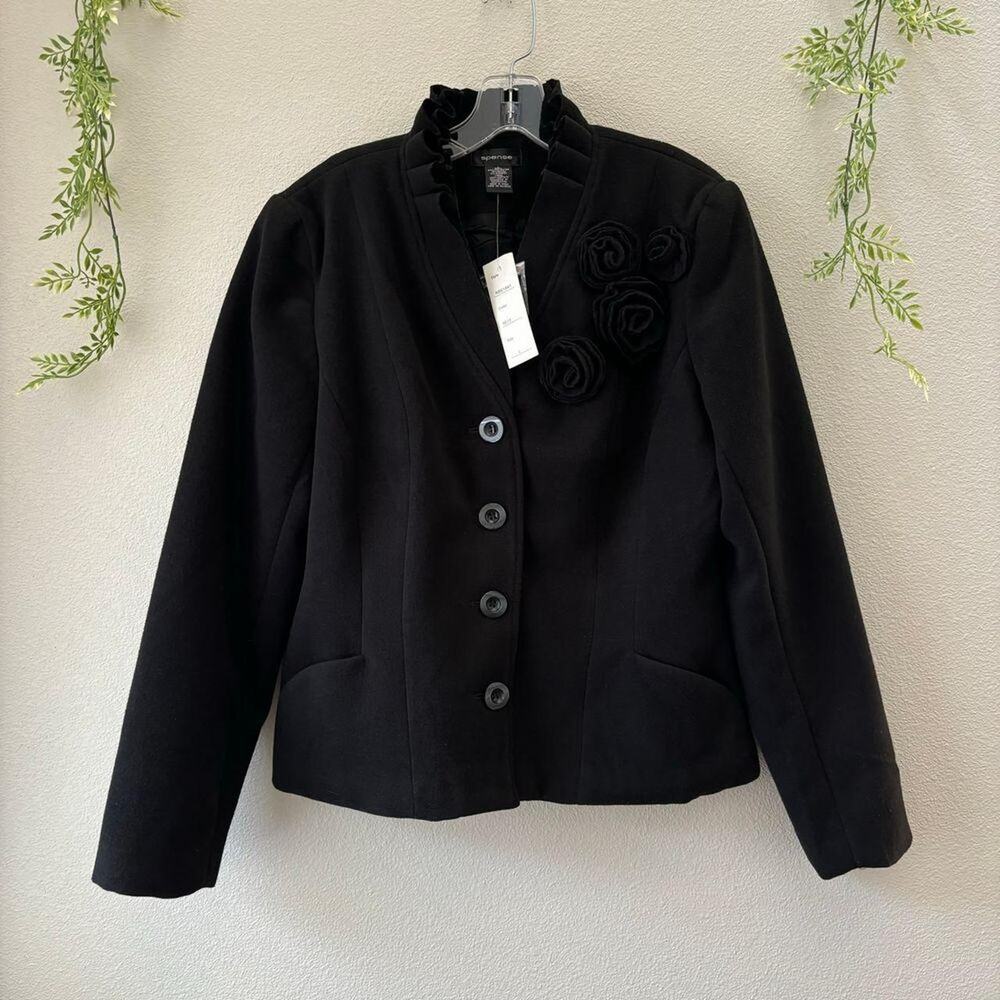 NWT Spense Rosette Ruffle Black Jacket Large Fleece Classic